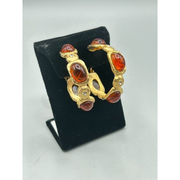 Signed Kenneth Lane Clip On Hoops Earrings Flawed Faux Carnelian Cabochons - Picture 2 of 9